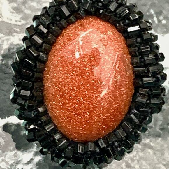 Hand beaded goldstone black glass bugle bead earrings pierced artist made - Picture 3 of 13